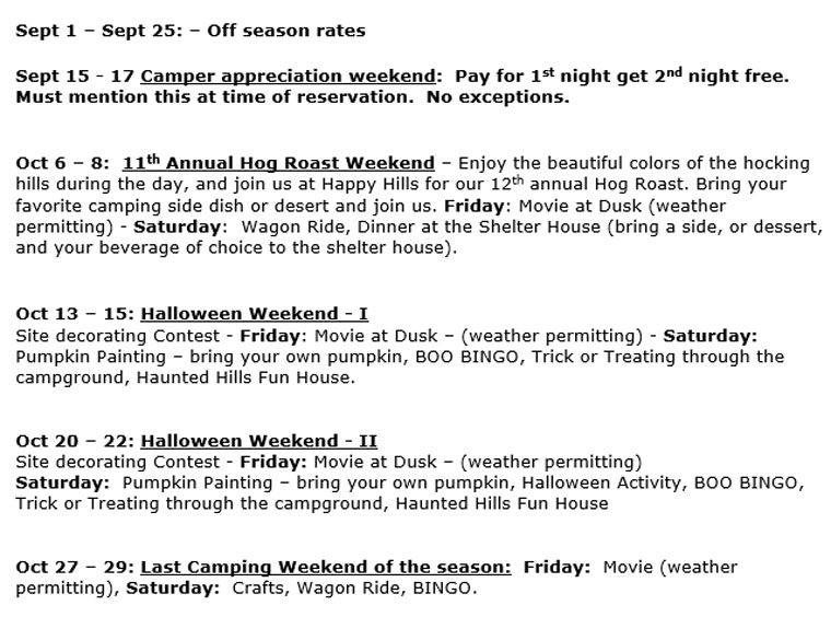 Recreation Event Calendar at Happy Hills Campghround - Nelsonville Ohio